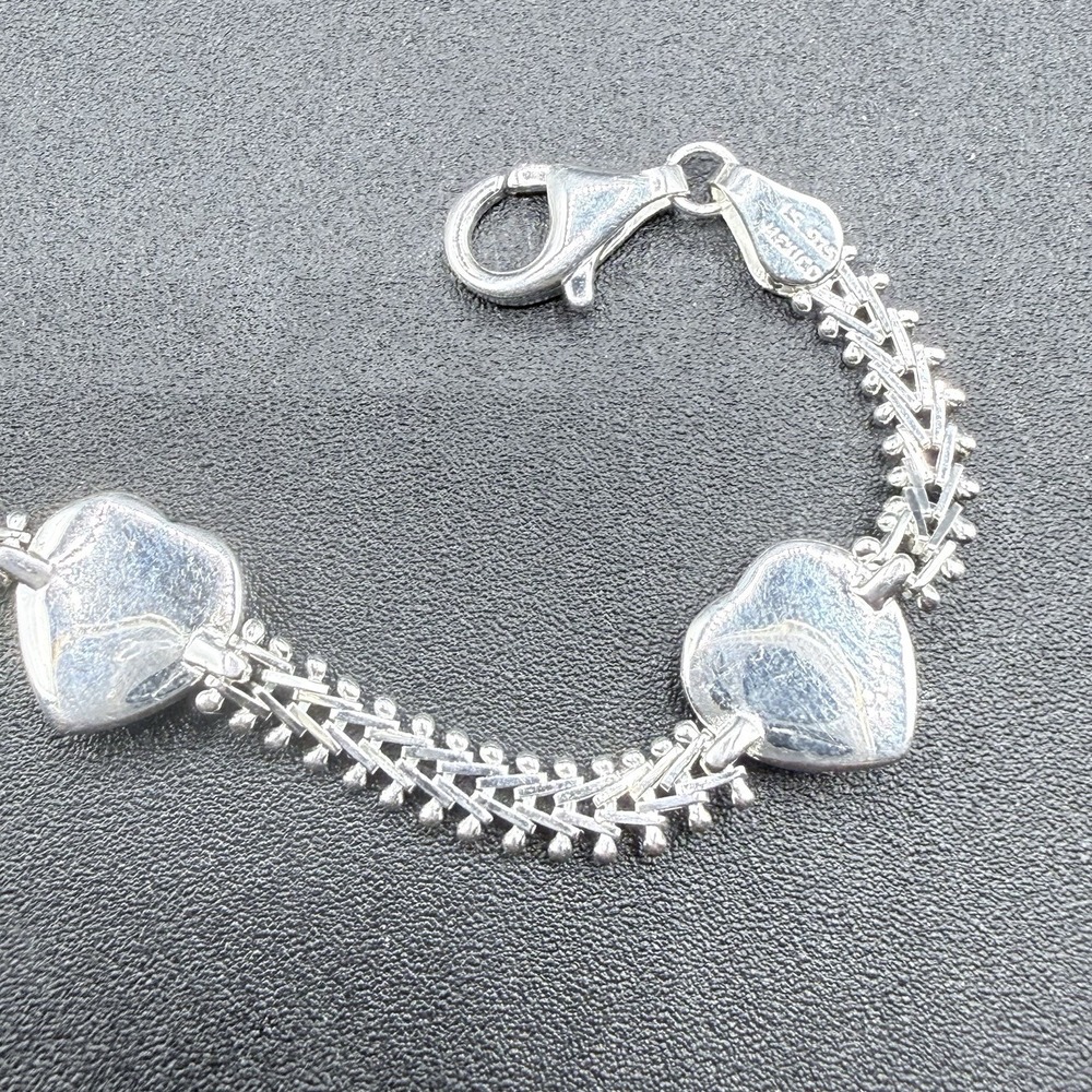 925 Sterling Silver Malachite Heart Link Chain Bracelet 8" Green Stone VTG - Picture 8 of 9
